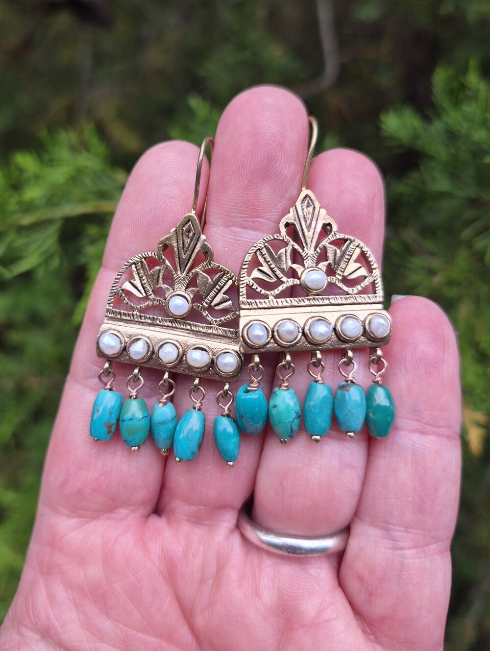 Chinese Turquoise Pearls Bronze Dangle Openwork Earrings Signed 2"